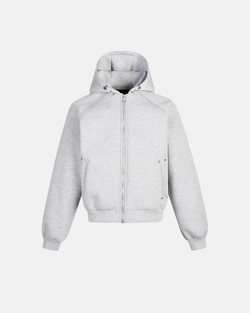 Grey boxy zip-up hoodie by INFLATION with a modern, casual fit, featuring a front zipper and comfortable fabric.