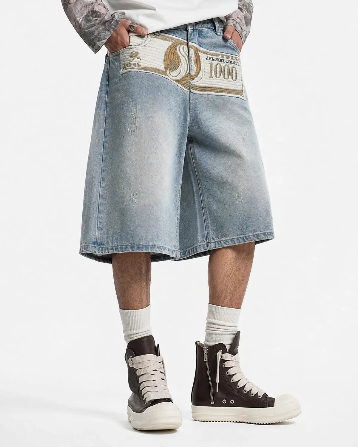 Inflation Dollar Patch Embroidery denim jorts with frayed hems and distressed details, casual streetwear denim shorts for men.