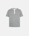 Inflation Streetwear striped Henley relaxed T-shirt with horizontal navy and white stripes, casual fit and short sleeves.