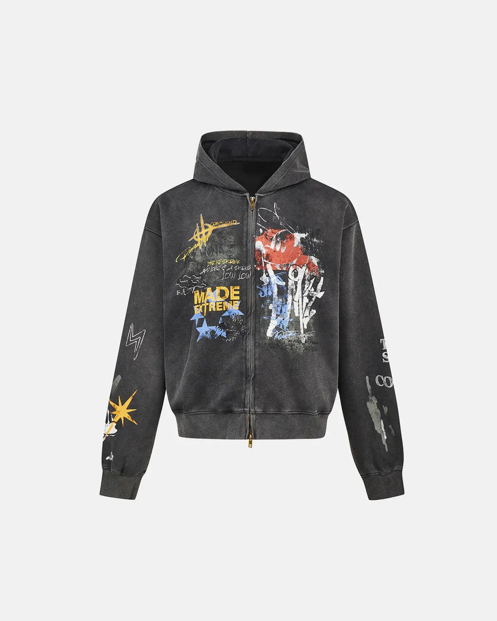 Inflation Streetwear boxy graffiti zip-up hoodie showing bold graffiti design, front view with zipper and hood.