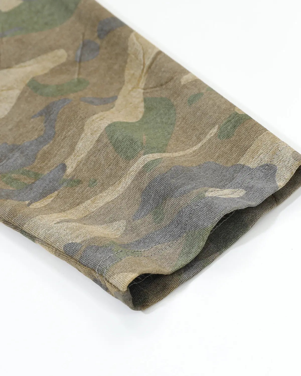 Inflation Streetwear camo sleeve layered graphic T-shirt featuring bold camouflage and graphic design on the front.