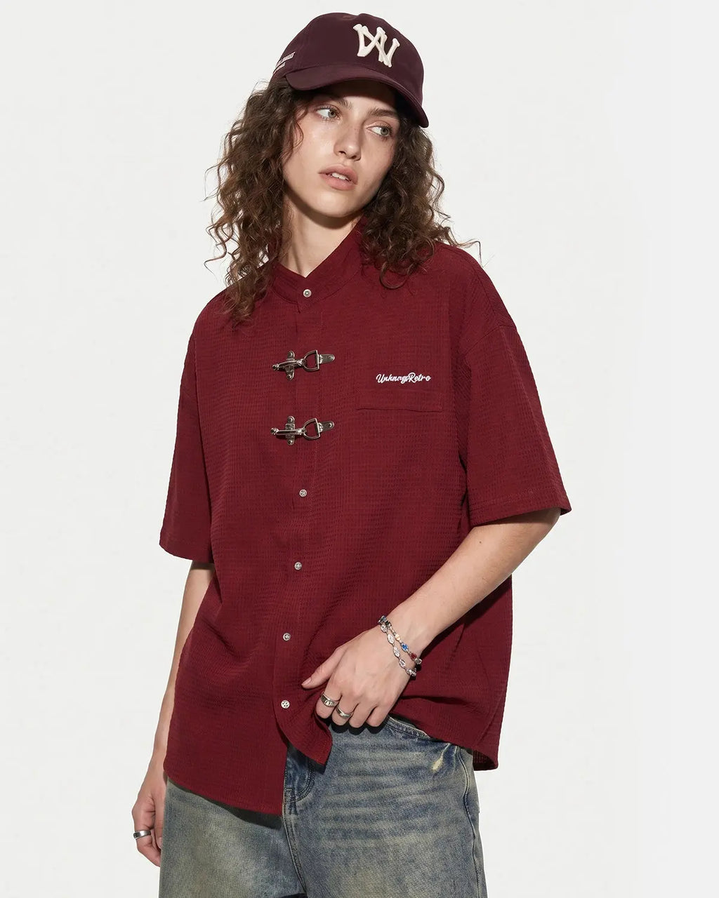 Inflation Streetwear waffle shirt featuring metal clasp details, casual fit with textured fabric and stylish design.