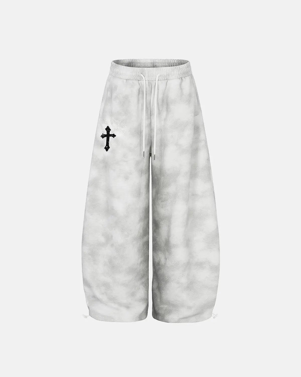 Washed Cross Barrel Sweatpants by INFLATION, light gray streetwear with cross design, relaxed fit, and comfy waistband.