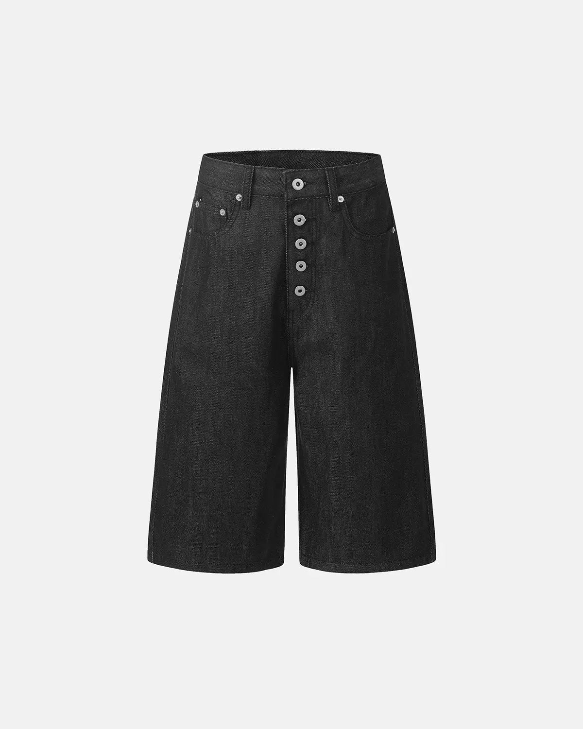 Inflation streetwear baggy denim jorts with button details, casual pants featuring a relaxed fit and distressed denim style.