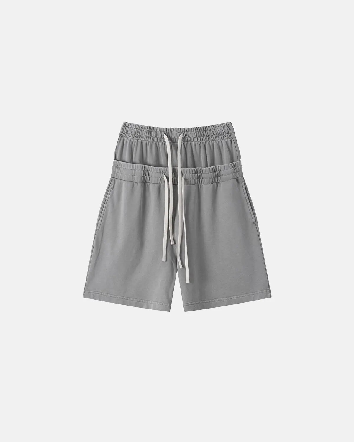 Inflation Streetwear double waist acid wash sweat shorts with relaxed fit and distressed detailing, front view.