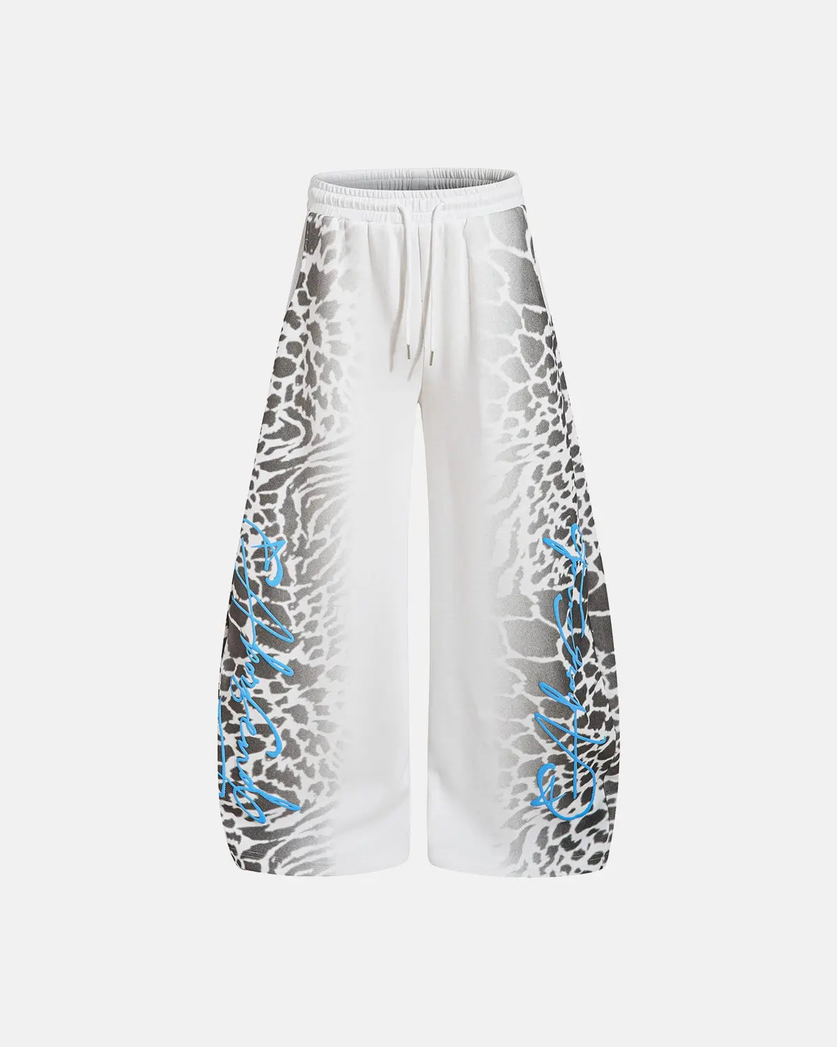 Leopard graphic barrel sweatpants by Inflation Streetwear featuring bold animal print and relaxed fit for casual style.