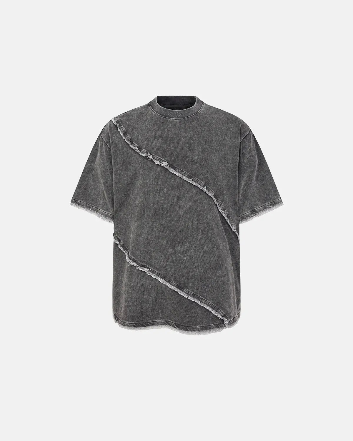 Raw edge deconstructed T-shirt by INFLATION Streetwear with distressed details and casual fit, shown on a mannequin.