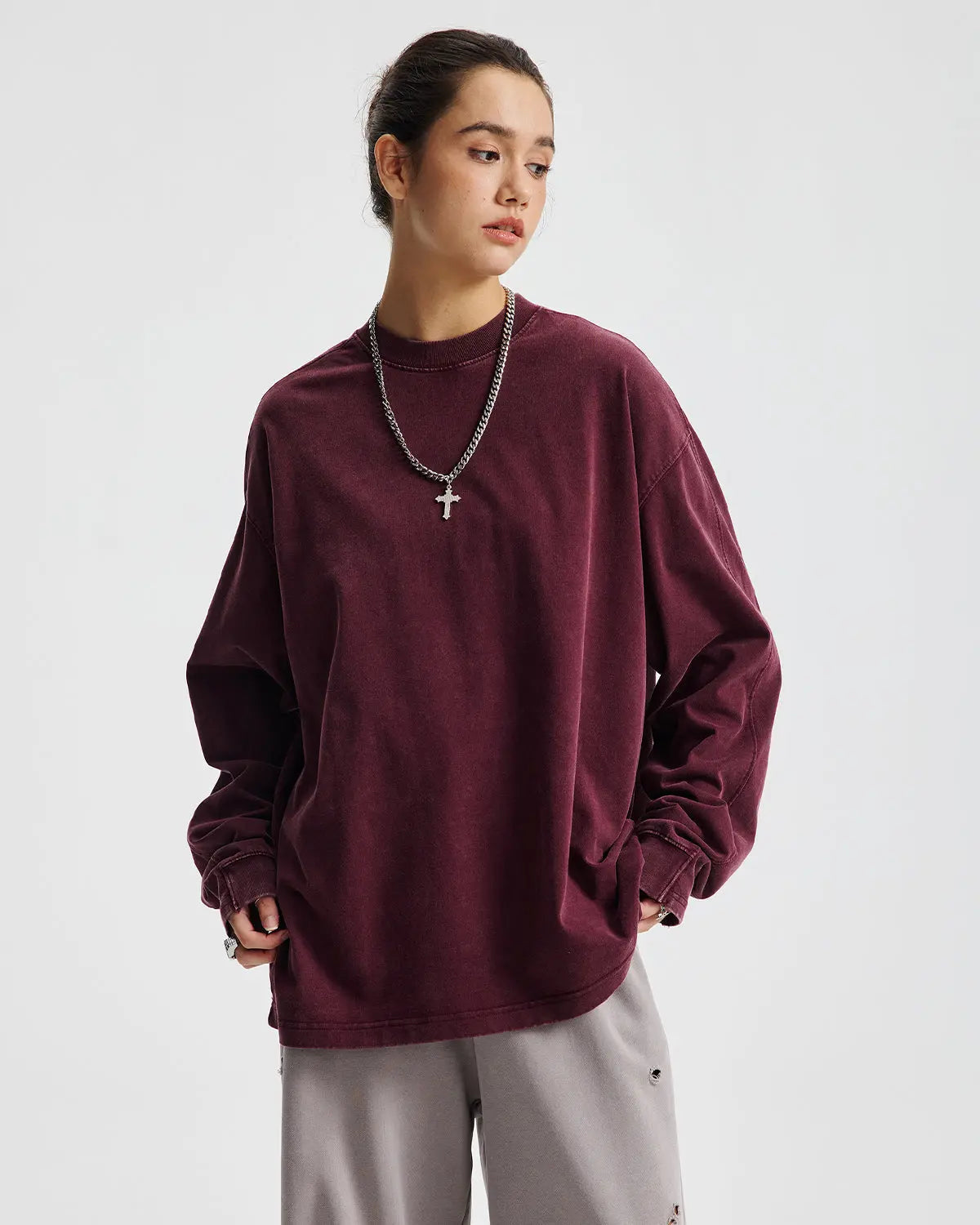 Inflation Streetwear distressed acid wash oversized long sleeve T-shirt with a relaxed fit and vintage-inspired design.