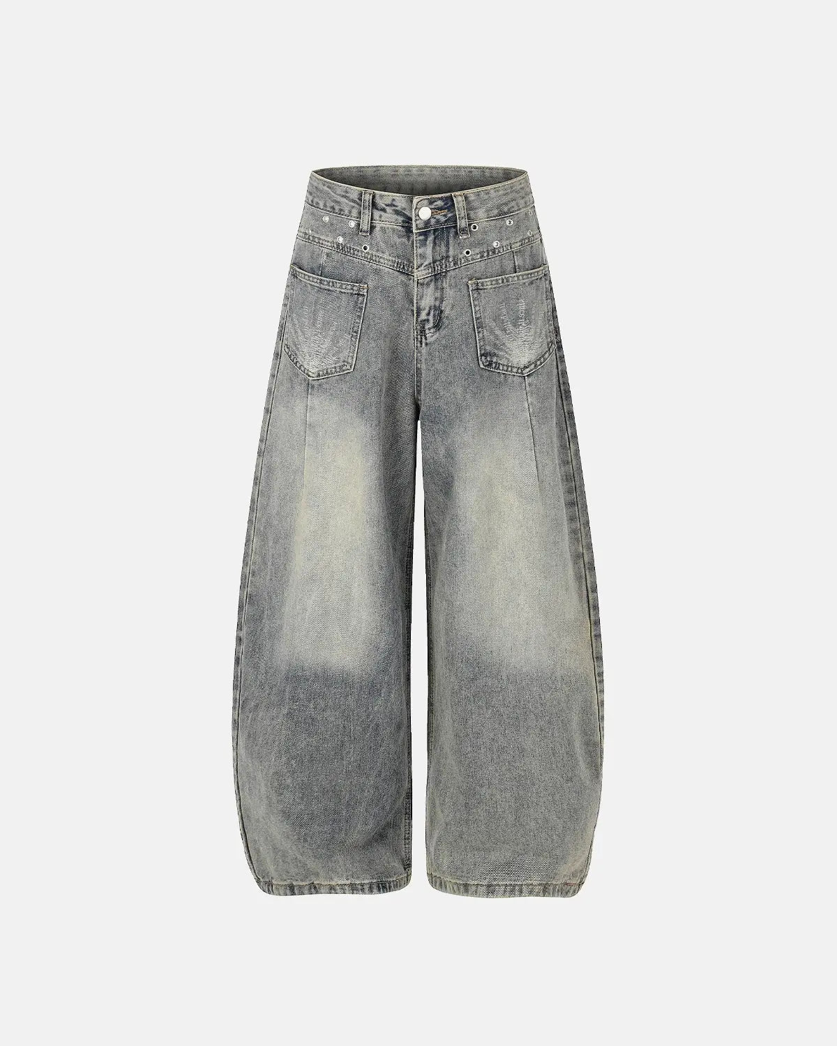 Distressed eyelet barrel jeans by INFLATION featuring a relaxed fit, frayed details, and eyelet accents for a trendy streetwear look.