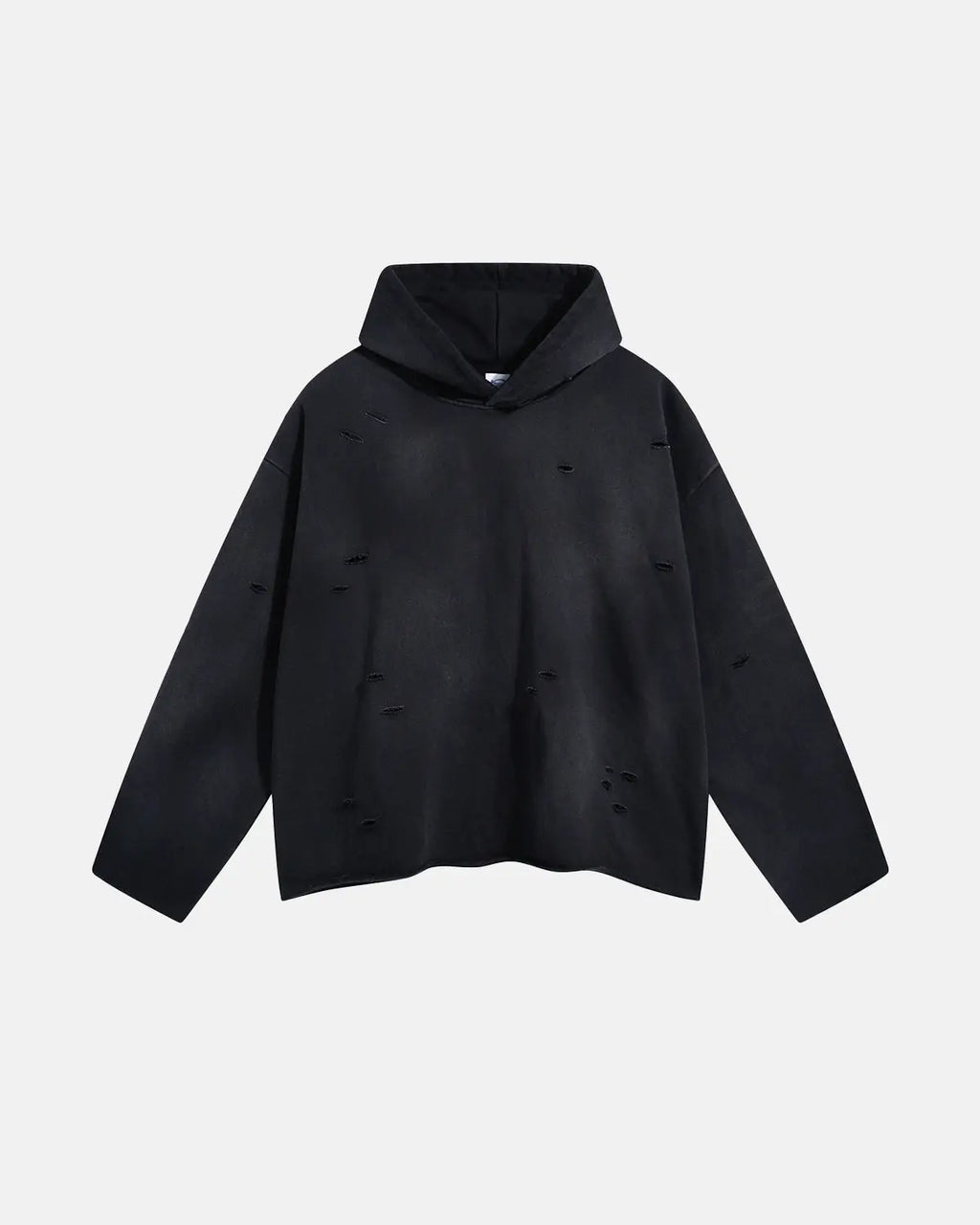 Acid wash ripped boxy hoodie by INFLATION featuring distressed details and a relaxed fit, shown in a casual streetwear style.