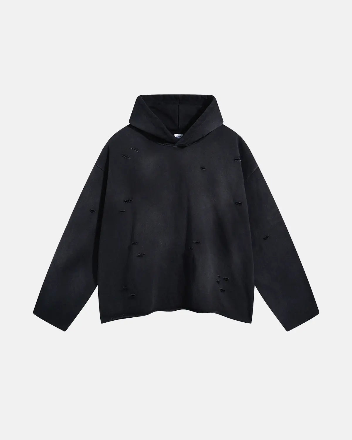 Acid wash ripped boxy hoodie by INFLATION featuring distressed details and a relaxed fit, shown in a casual streetwear style.
