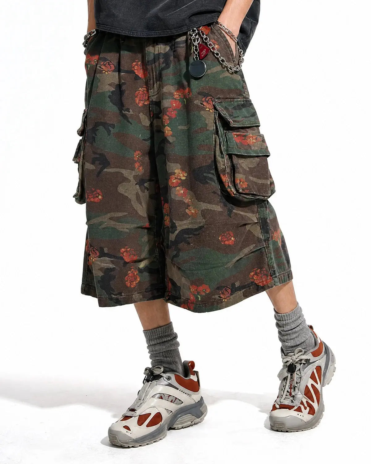 Inflation Floral Camo Cargo Longline Shorts featuring vibrant floral camo print and multiple cargo pockets, streetwear style.