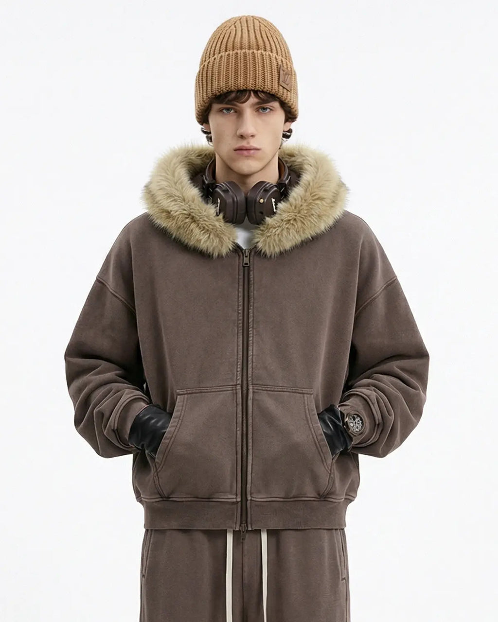 INFLATION faux fur collar distressed zip-up hoodie featuring a hood, zipper front, and plush fur trim for streetwear style.