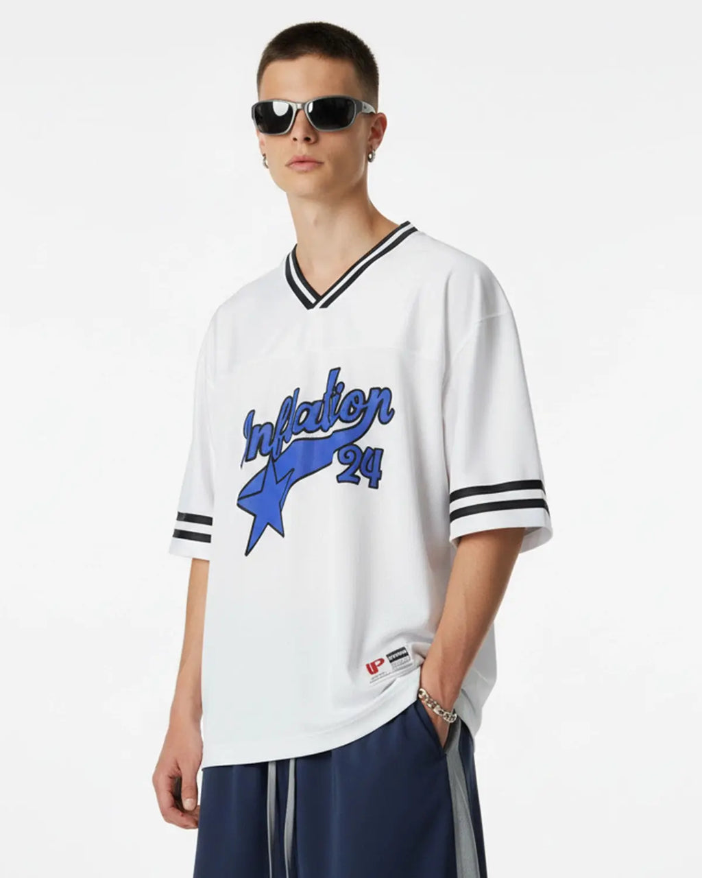 Inflation Streetwear mesh patchwork printing jersey featuring colorful geometric patterns and lightweight fabric.