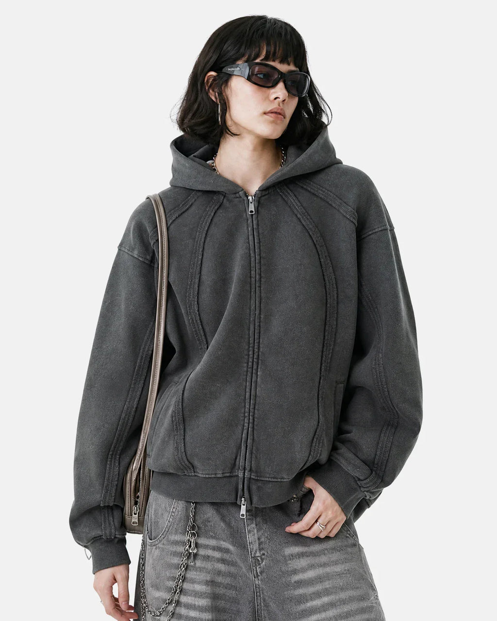 Snow Washed Raw Edge Boxy Zip Up Hoodie by INFLATION streetwear, featuring a raw hem, boxy fit, and zip closure.