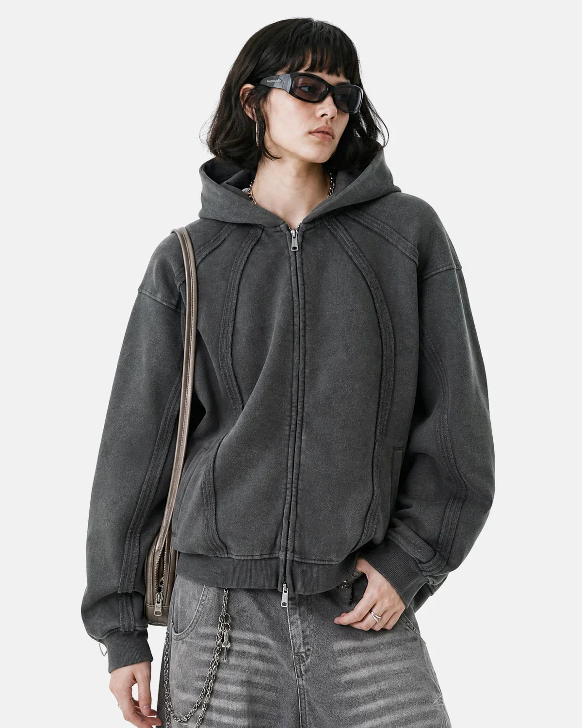 Snow Washed Raw Edge Boxy Zip Up Hoodie by INFLATION streetwear, featuring a raw hem, boxy fit, and zip closure.