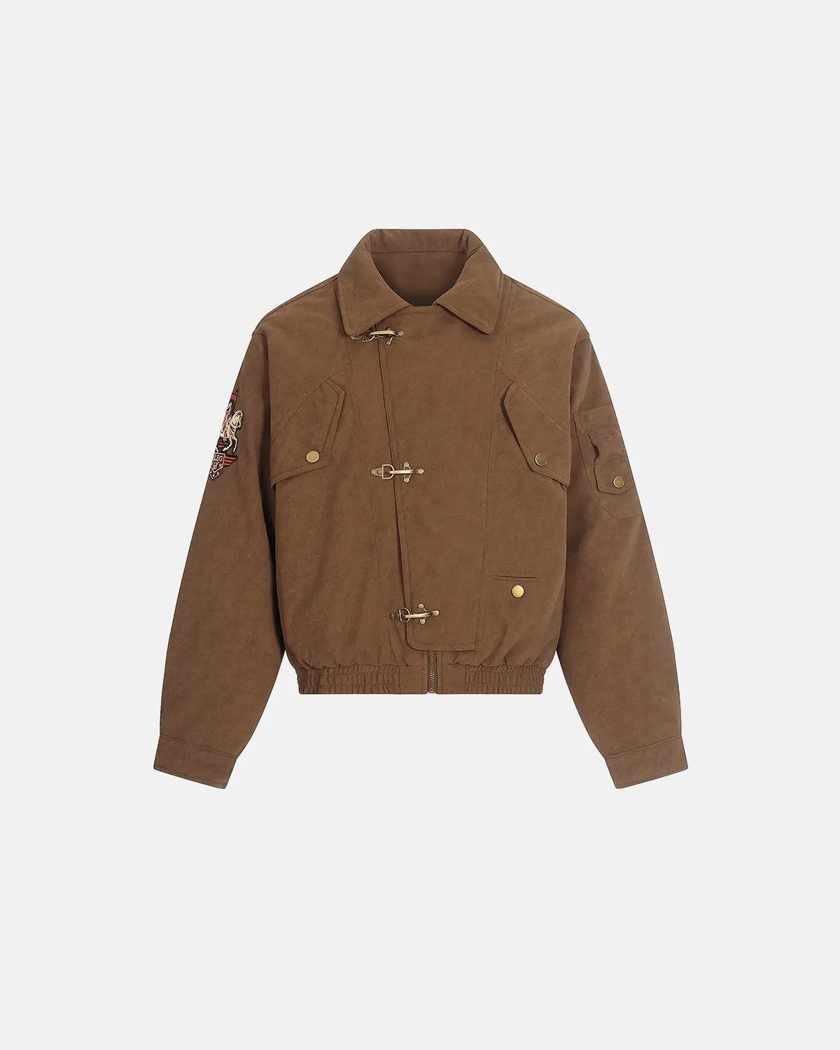 Inflation Horse Embroidery suede padded jacket with clasp closure, featuring detailed horse design and streetwear style.