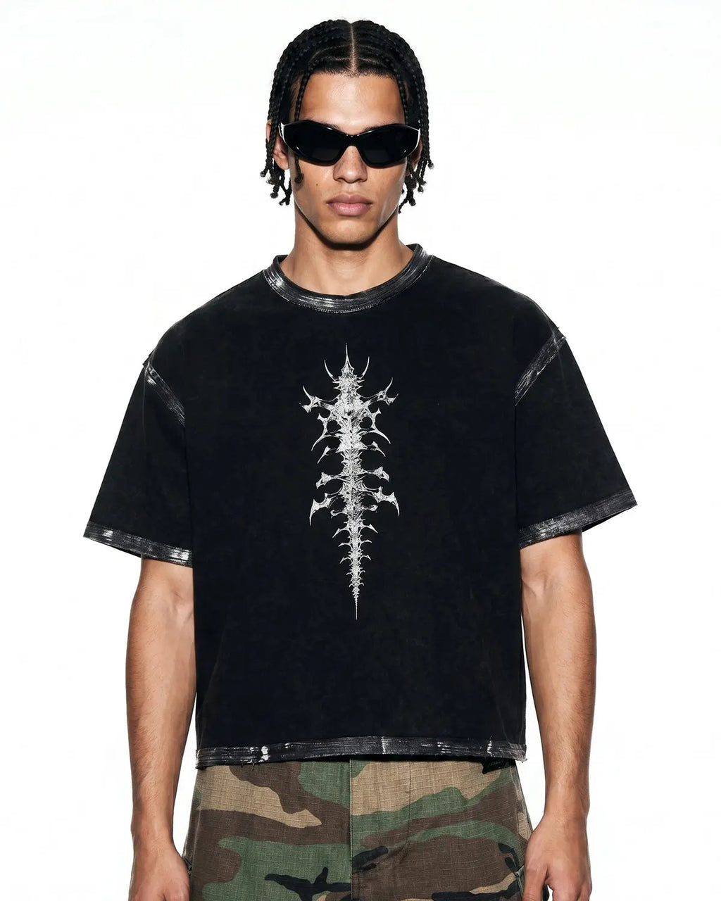 Inflation Streetwear distressed painted graphic boxy T-shirt, casual black cotton tee with bold artistic print.