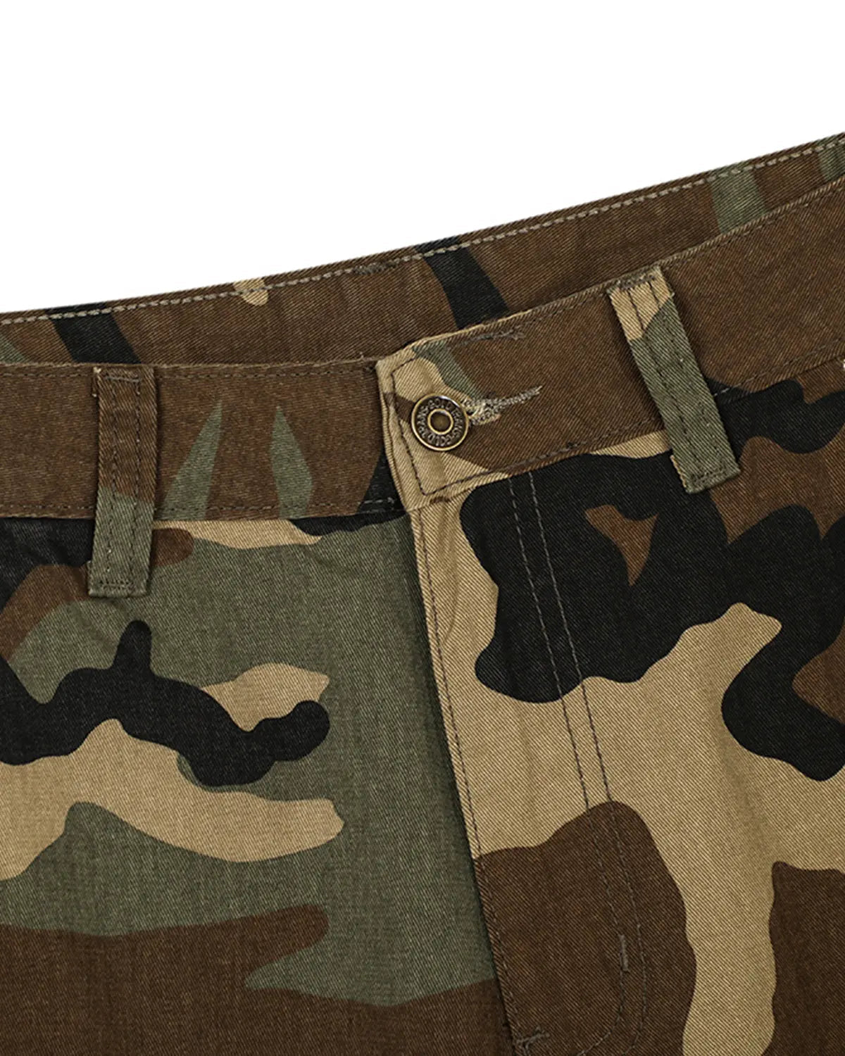 Inflation Camo Cargo Longline Shorts with multiple pockets, relaxed fit, and streetwear style in green camouflage pattern.