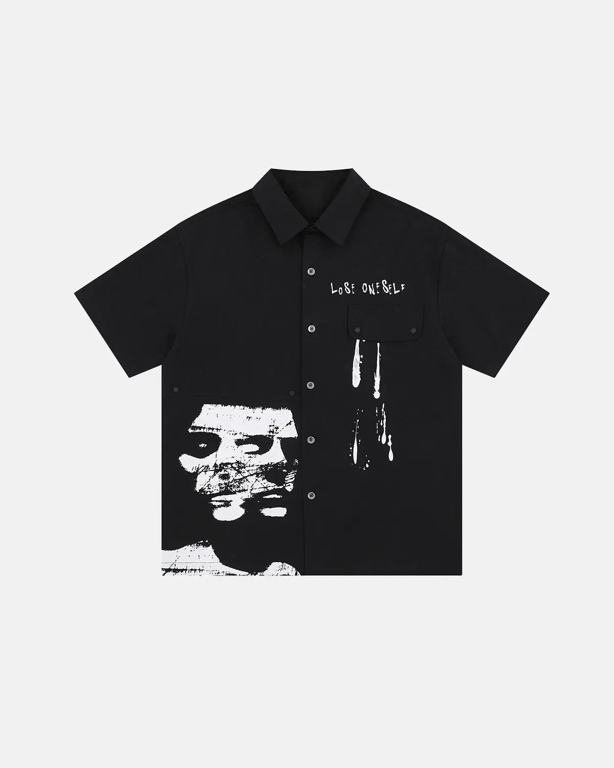 Inflation Streetwear abstract graphic printing shirt featuring bold, colorful artwork on a modern casual shirt.