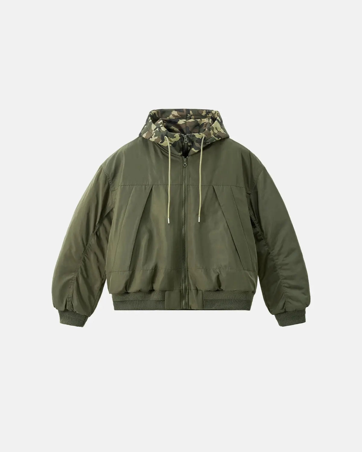 Detachable layered camo bomber jacket by INFLATION, featuring a stylish camouflage pattern and modern streetwear design.