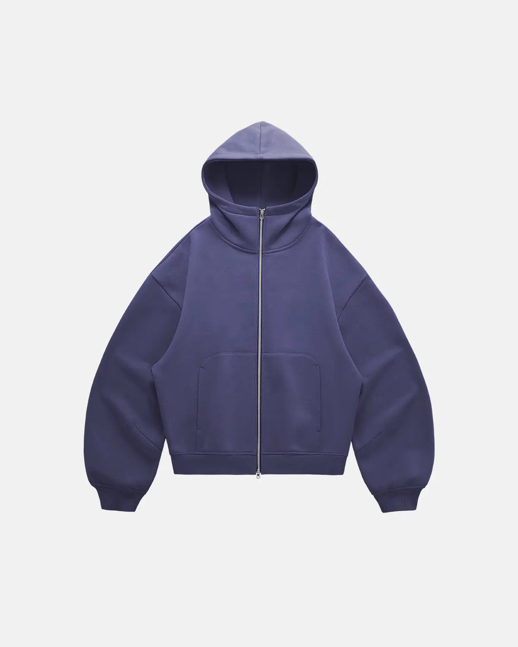 Inflation Streetwear high collar fleece double zip-up hoodie with front pockets and bold branding, shown on a model.