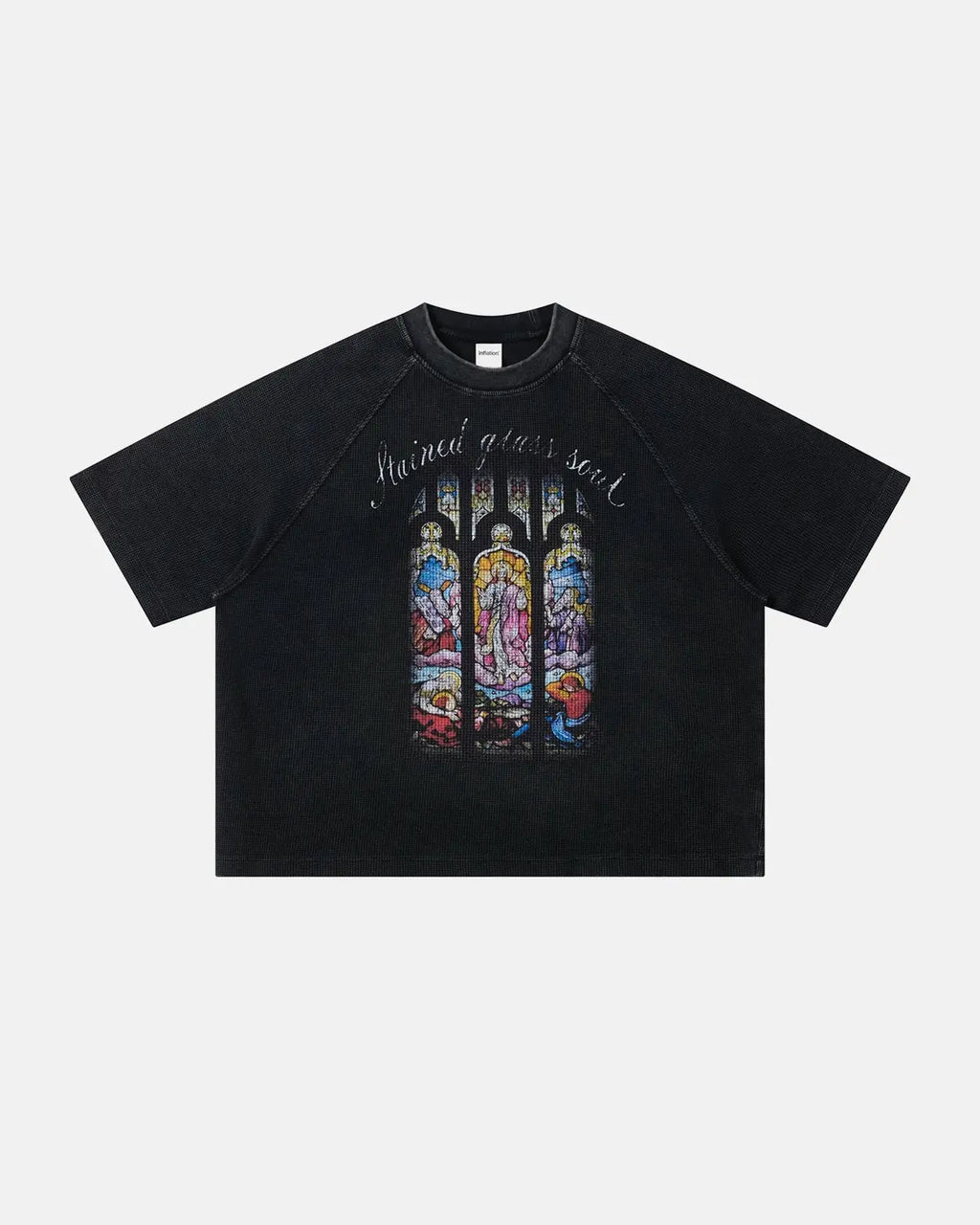 Inflation Streetwear washed graphic boxy waffle T-shirt with bold print, casual fit, and textured waffle fabric in a modern street style.