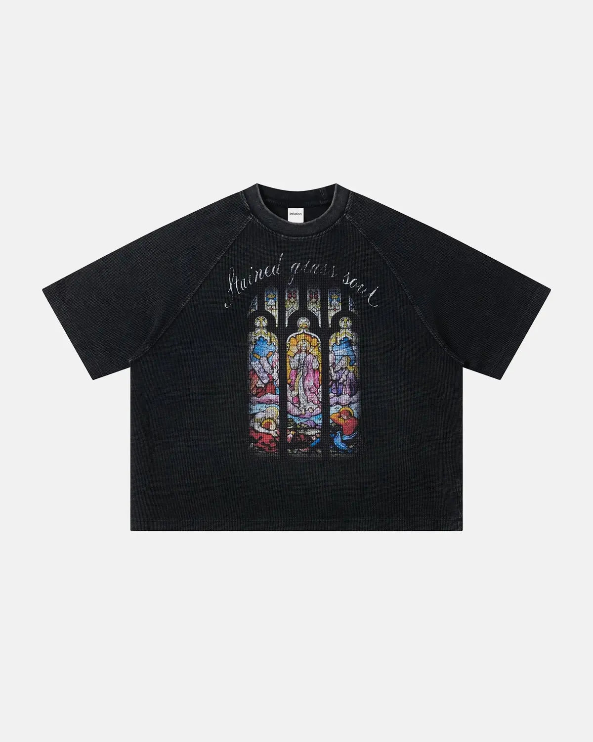 Inflation Streetwear washed graphic boxy waffle T-shirt with bold print, casual fit, and textured waffle fabric in a modern street style.