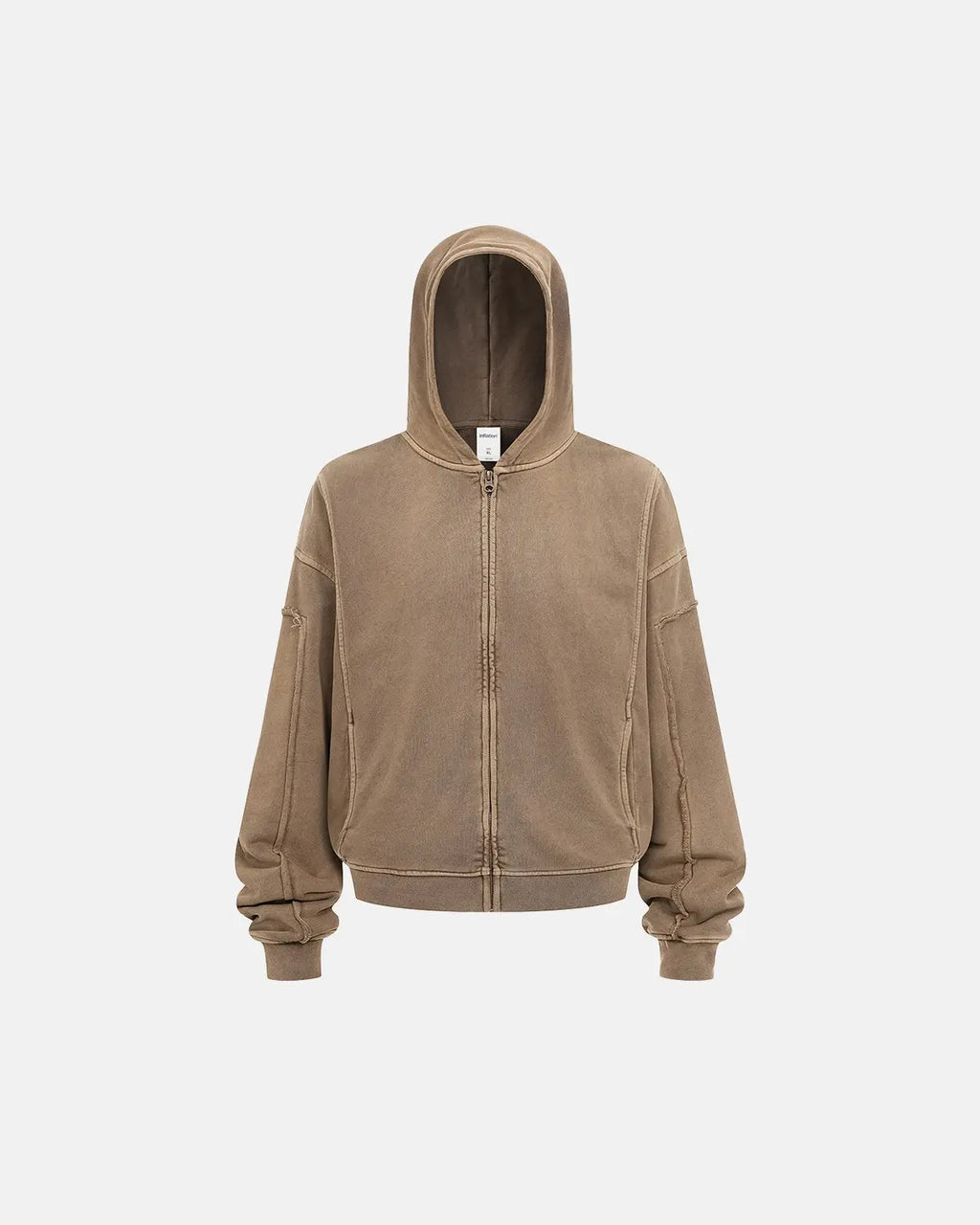 Inflation Streetwear acid wash stitching zip-up hoodie with front pockets and drawstring hood, casual streetwear style.
