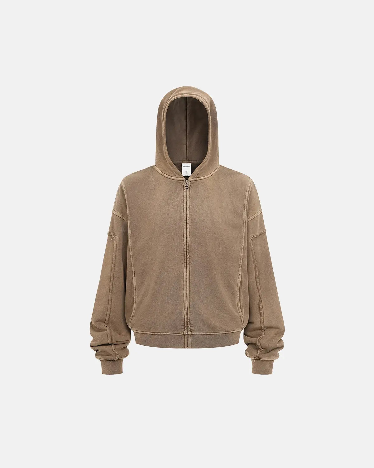 Inflation Streetwear acid wash stitching zip-up hoodie with front pockets and drawstring hood, casual streetwear style.