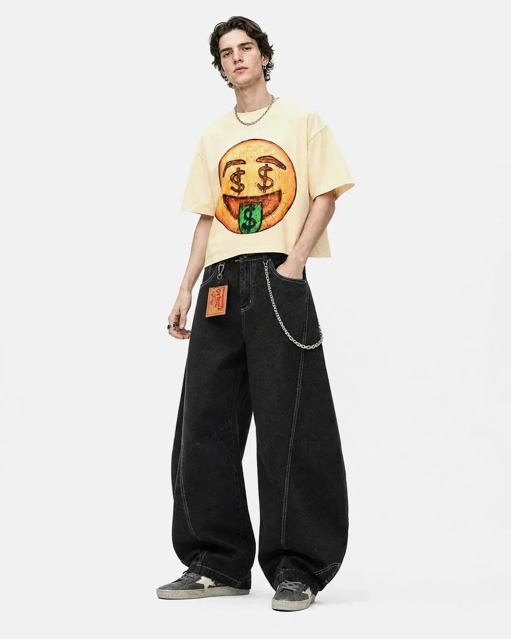 Raw Color Super Baggy Jeans by INFLATION Streetwear, relaxed fit denim with raw hem and oversized style, front and back view.