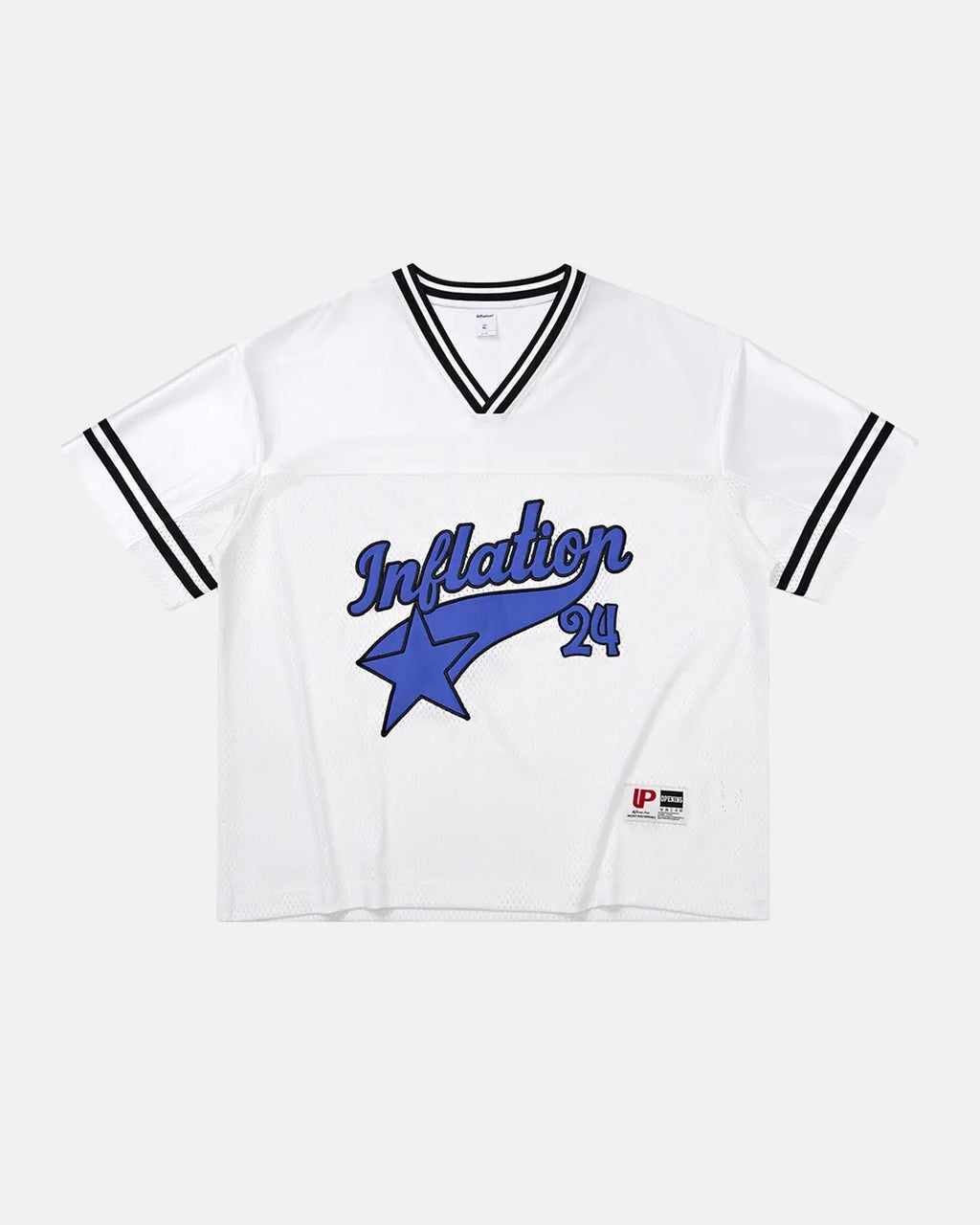 Inflation Streetwear mesh patchwork printing jersey featuring colorful, lightweight fabric with intricate patchwork design.