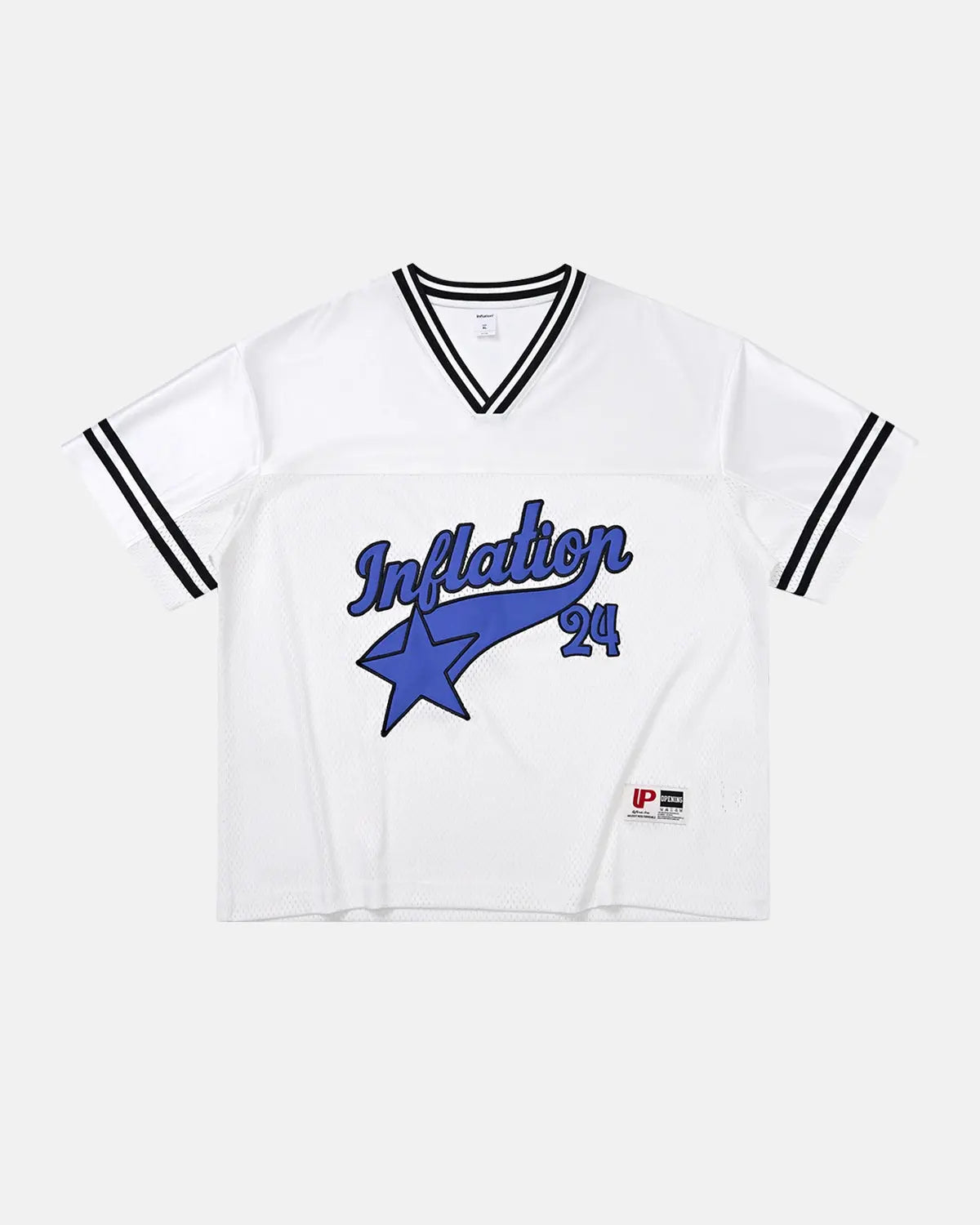 Inflation Streetwear mesh patchwork printing jersey featuring colorful, lightweight fabric with intricate patchwork design.