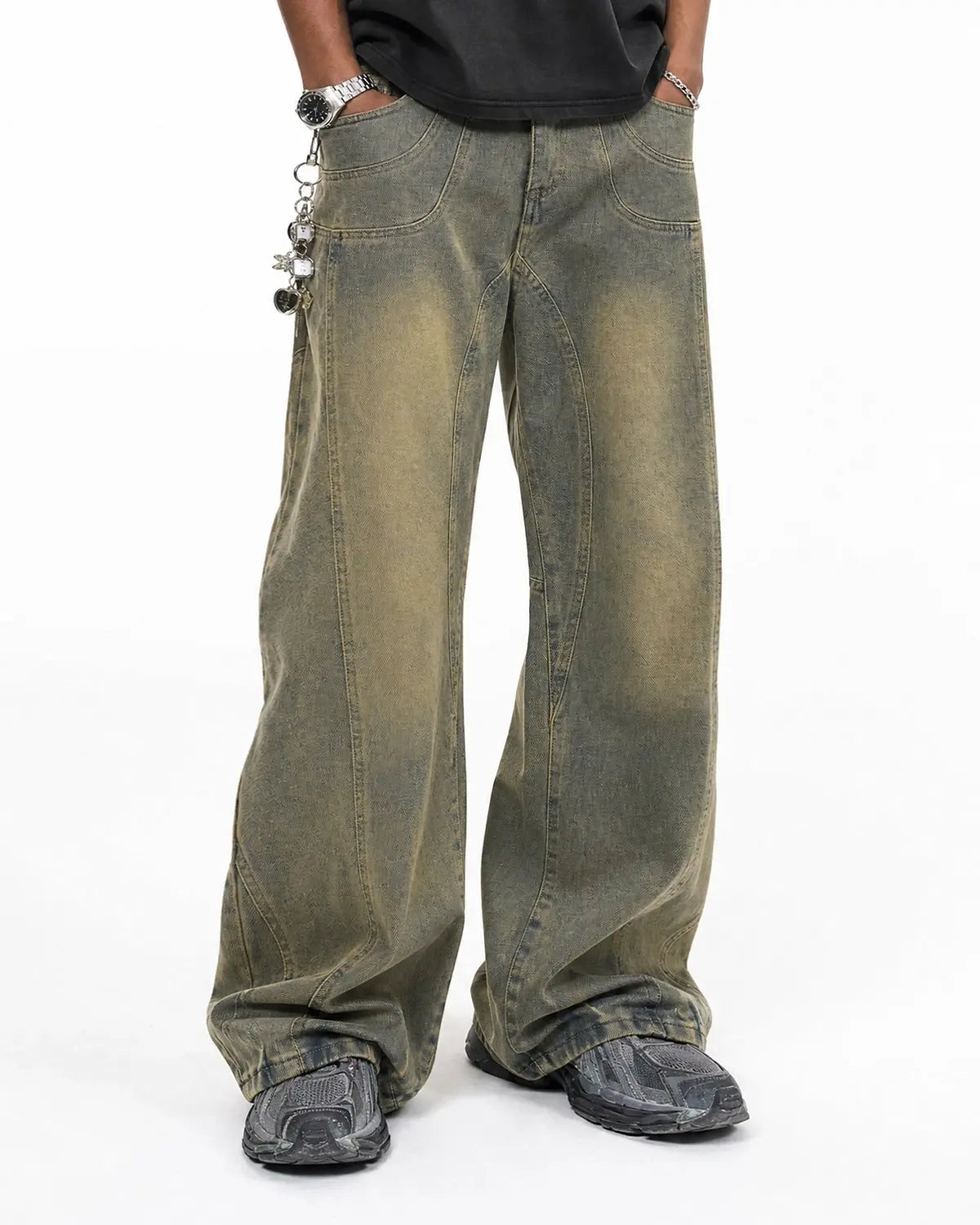 Inflation Streetwear curved panel straight-leg jeans showing front view, with visible stitching and classic denim texture.