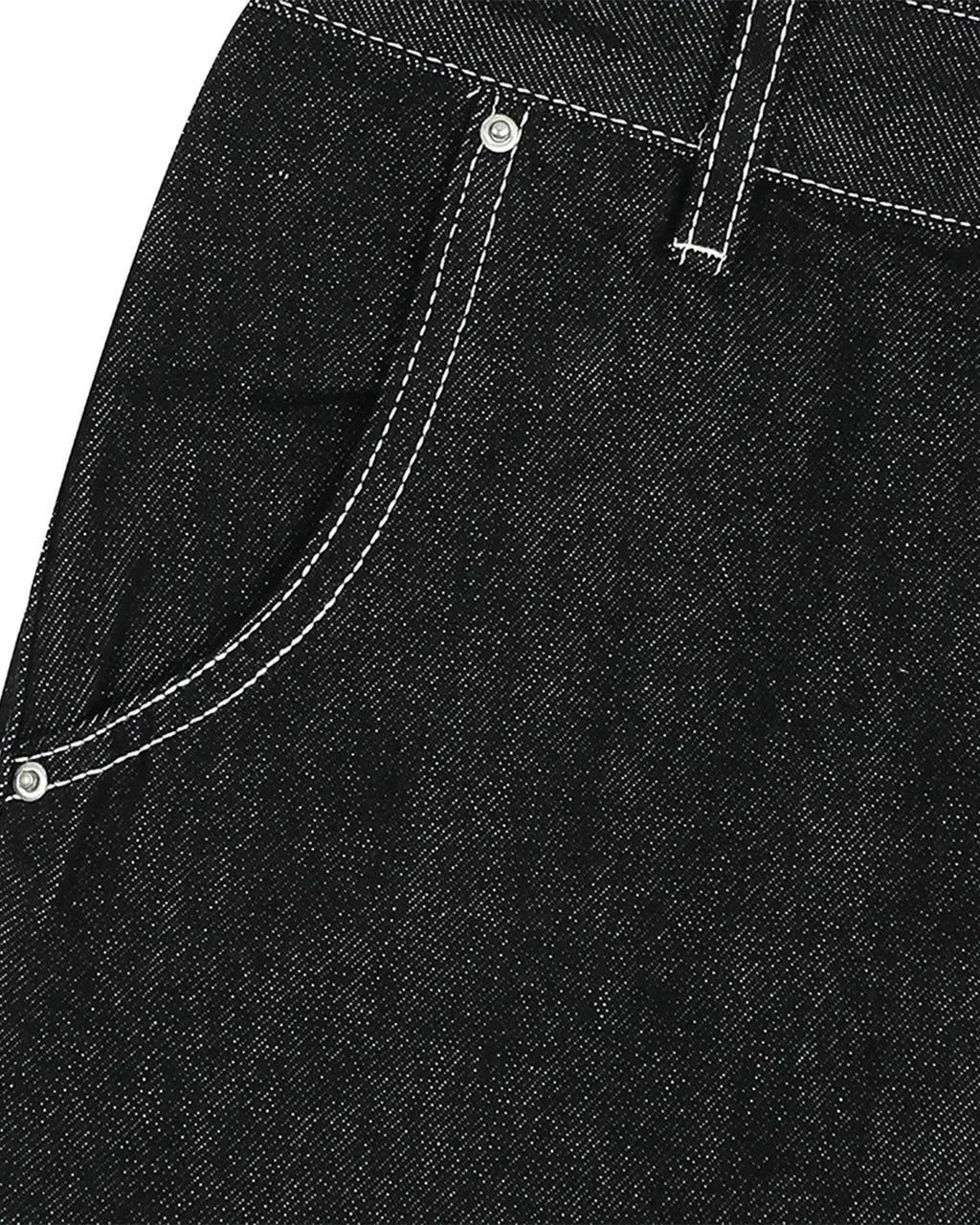 Contrast stitching raw cargo jorts by INFLATION, featuring rugged denim with distressed details and large side pockets.
