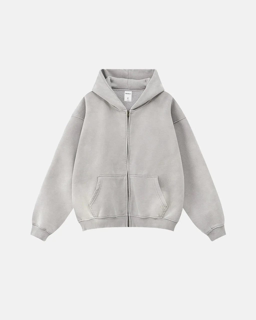 Acid washed zip-up hoodie by INFLATION Streetwear featuring a relaxed fit and distressed fabric for a trendy casual look.