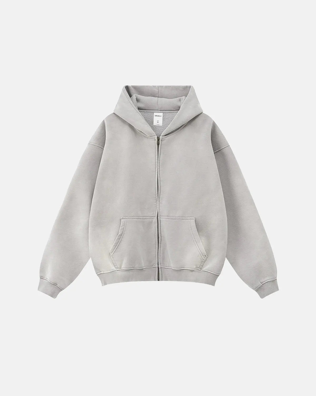 Acid washed zip-up hoodie by INFLATION Streetwear featuring a relaxed fit and distressed fabric for a trendy casual look.