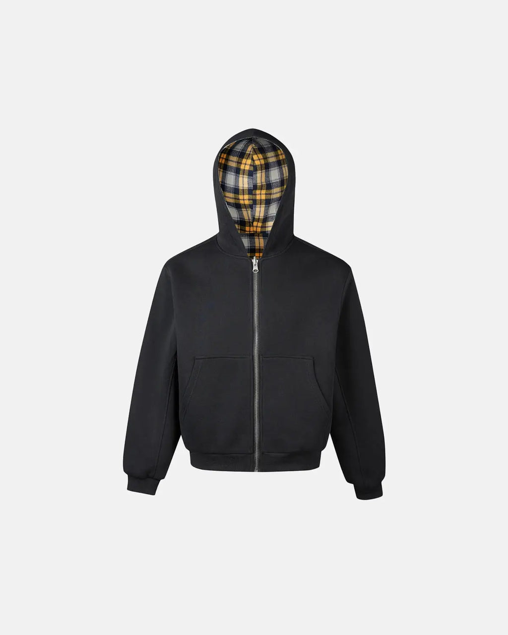 Yellow plaid reversible zip-up hoodie by INFLATION streetwear featuring a cozy, stylish design with contrasting plaid patterns and a front zipper.