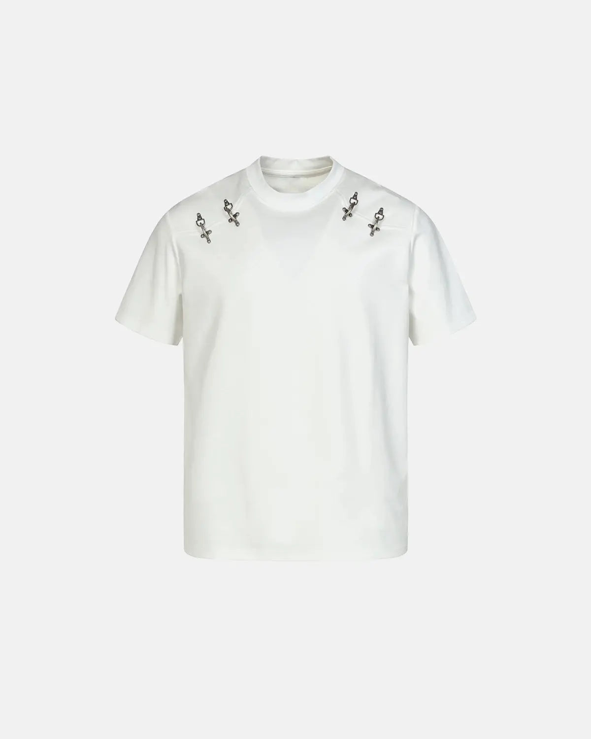 Inflation Streetwear cotton T-shirt with metal buckle detail, casual fit, and minimalist design in neutral colors.