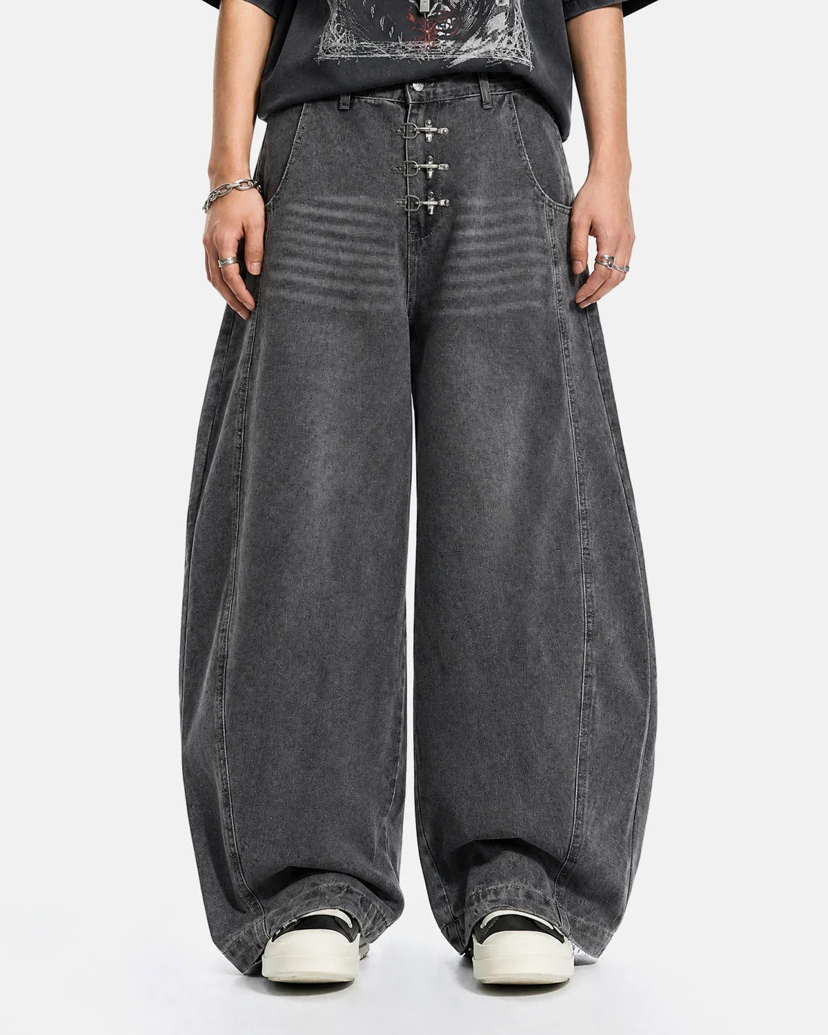 Gray barrel jeans with metal clasp from Inflation Streetwear, showing the relaxed fit and stylish denim texture.