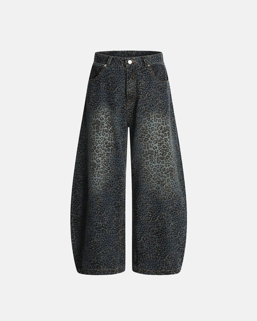 Vintage leopard print barrel jeans from INFLATION Streetwear, showcasing the bold leopard pattern and relaxed fit.