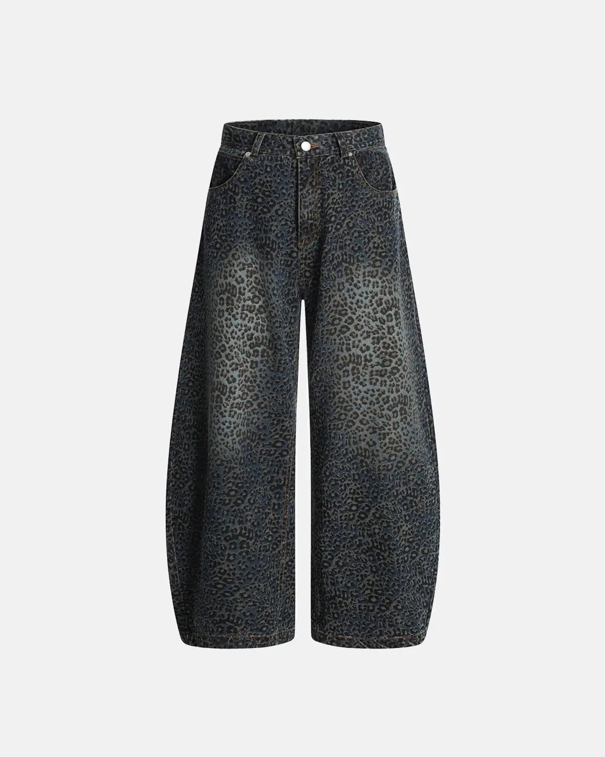 Vintage leopard print barrel jeans from INFLATION Streetwear, showcasing the bold leopard pattern and relaxed fit.