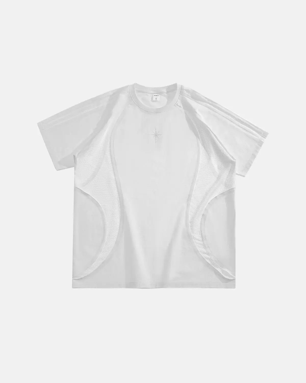 Inflation Streetwear mesh patchwork embroidery T-shirt with colorful stitching and detailed fabric design.