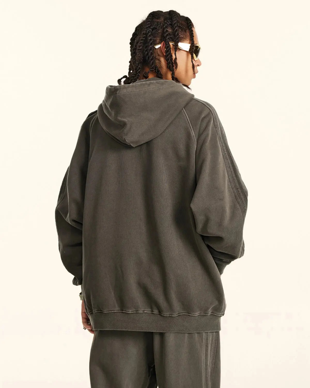 Gray frayed seam acid wash hoodie by Inflation Streetwear featuring distressed details and a relaxed fit.