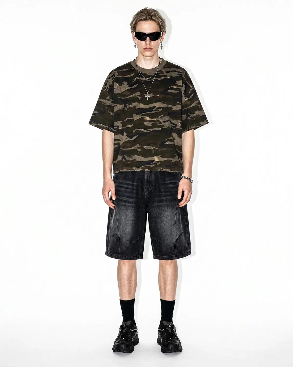 Light blue structured washed denim shorts by INFLATION, stylish streetwear pants with a relaxed fit and distressed details.