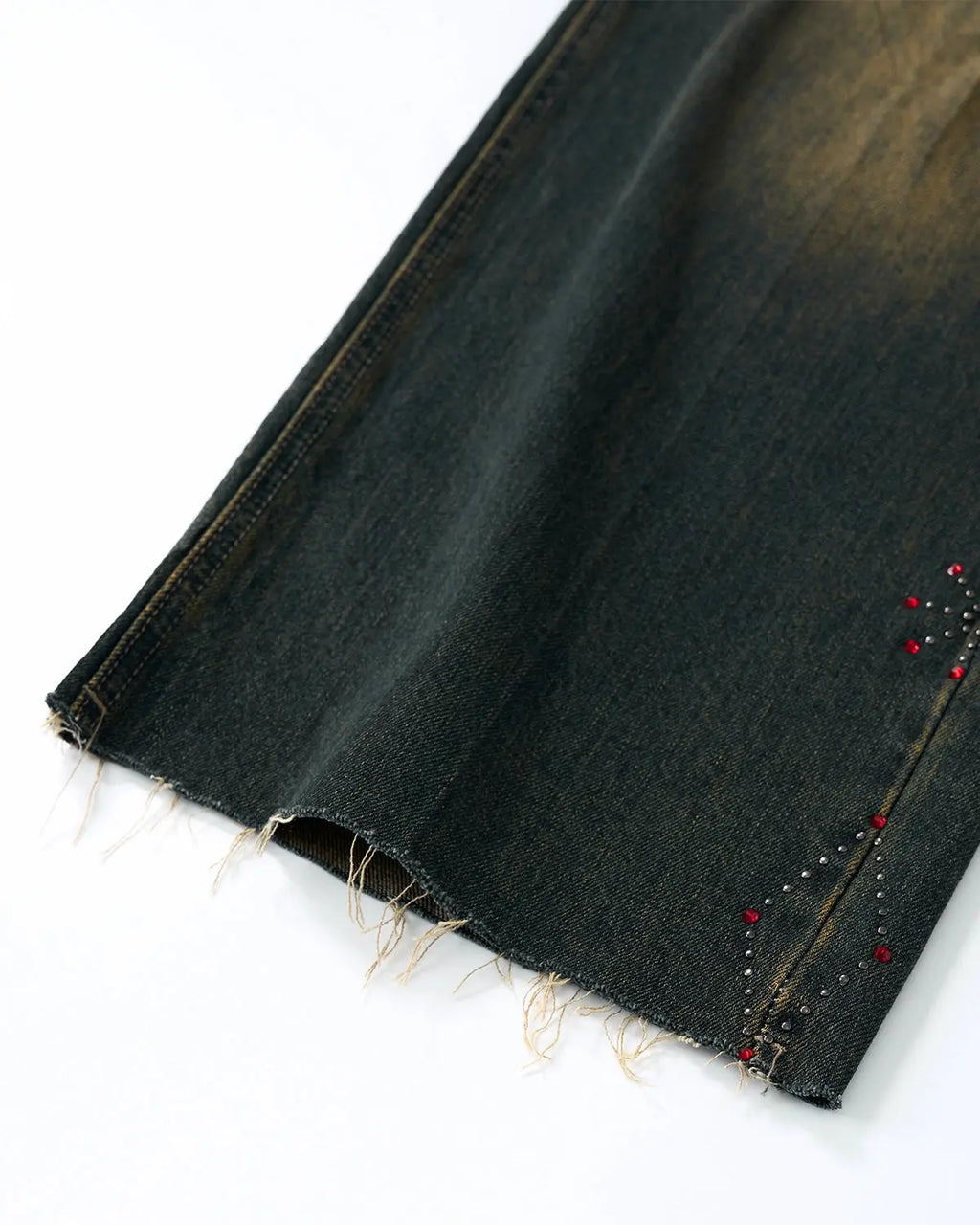 Dirty Wash Rhinestone Baggy Jeans by INFLATION featuring a distressed wash, rhinestone accents, and a relaxed, oversized fit.