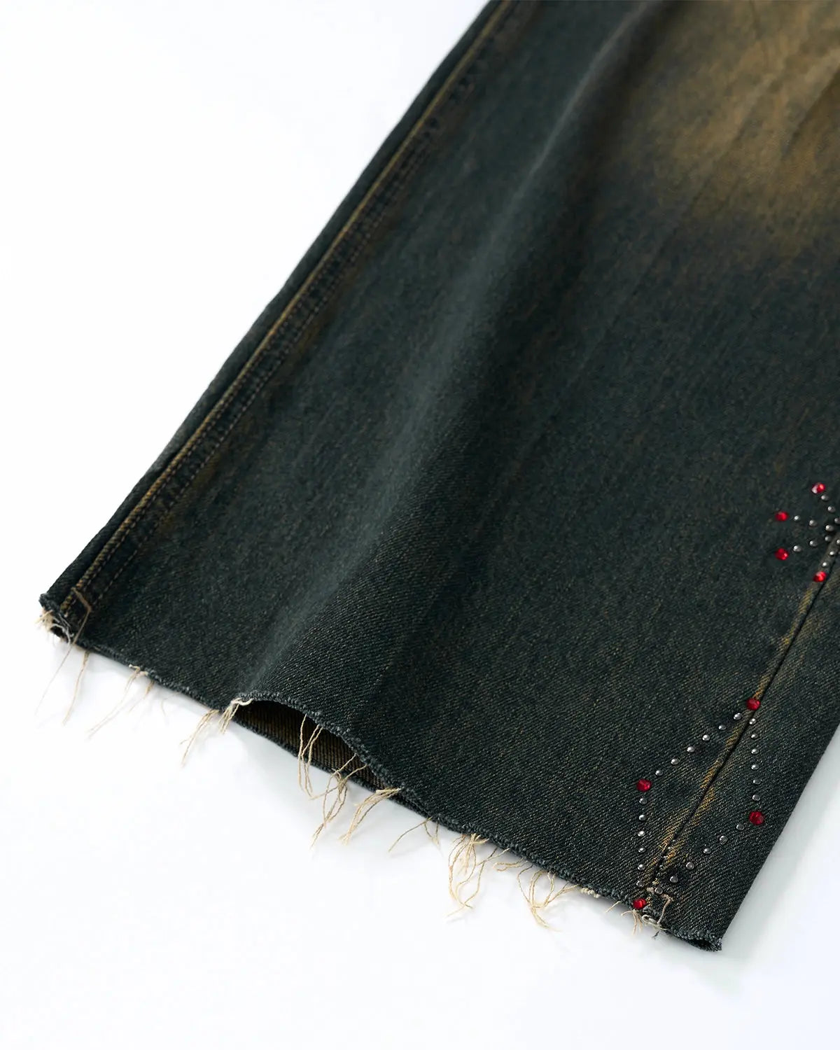 Dirty Wash Rhinestone Baggy Jeans by INFLATION featuring a distressed wash, rhinestone accents, and a relaxed, oversized fit.