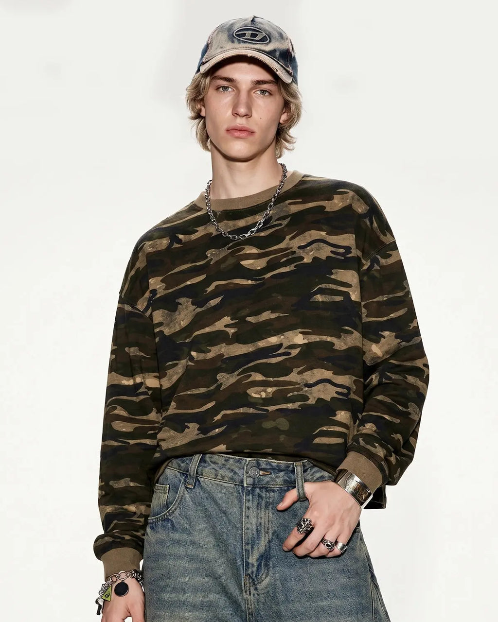Inflation Streetwear boxy camo T-shirt in khaki, featuring a relaxed fit and military-inspired camouflage pattern.