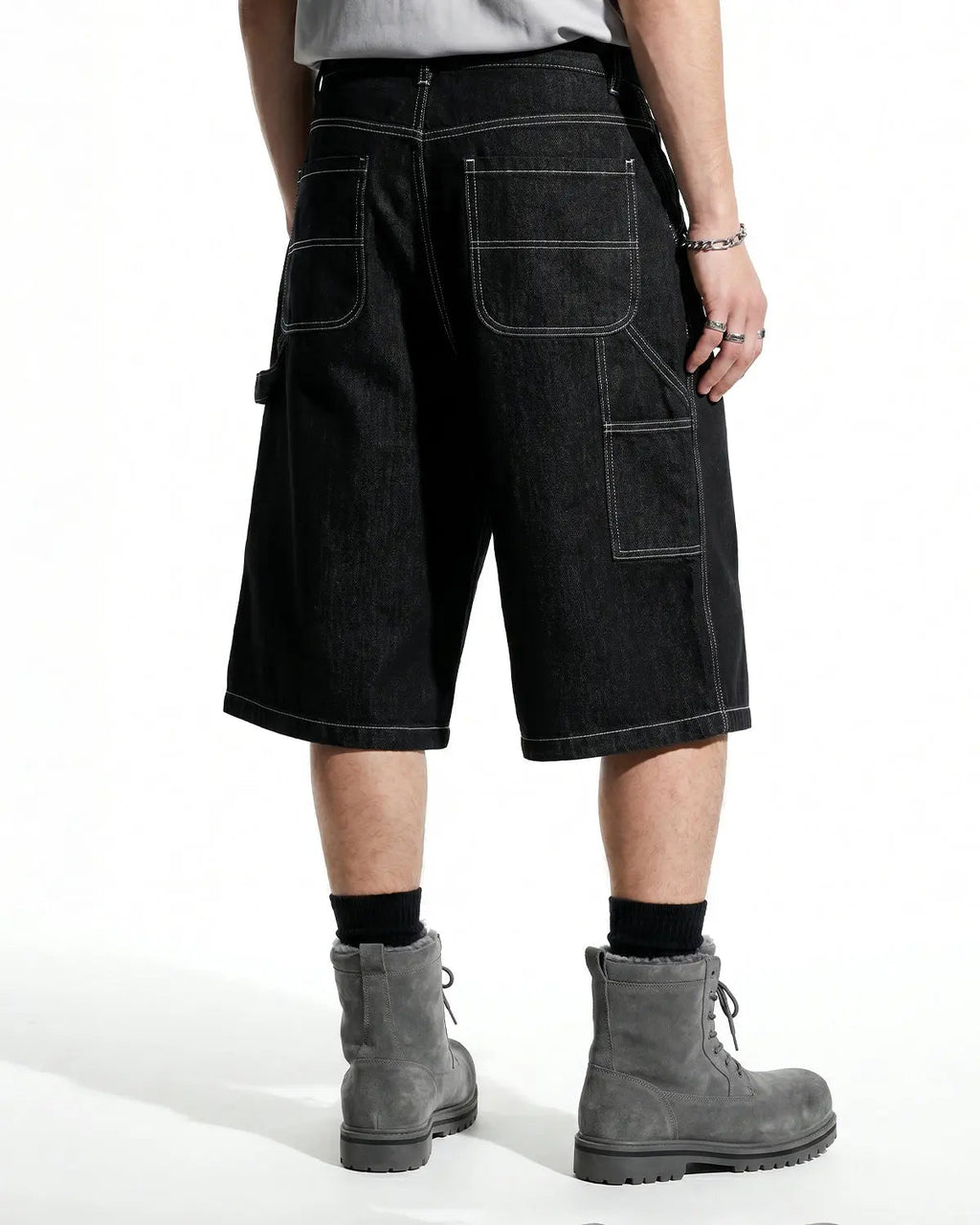 Inflation Streetwear contrast stitching raw cargo jorts, casual denim pants with rugged style and distressed details.