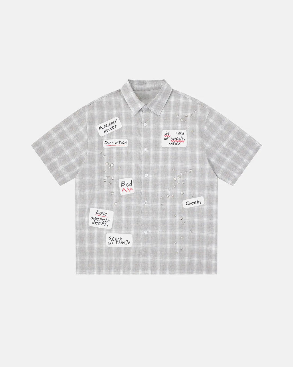 Inflation Streetwear plaid sticker graphic studded shirt featuring bold plaid pattern, studded accents, and streetwear style.